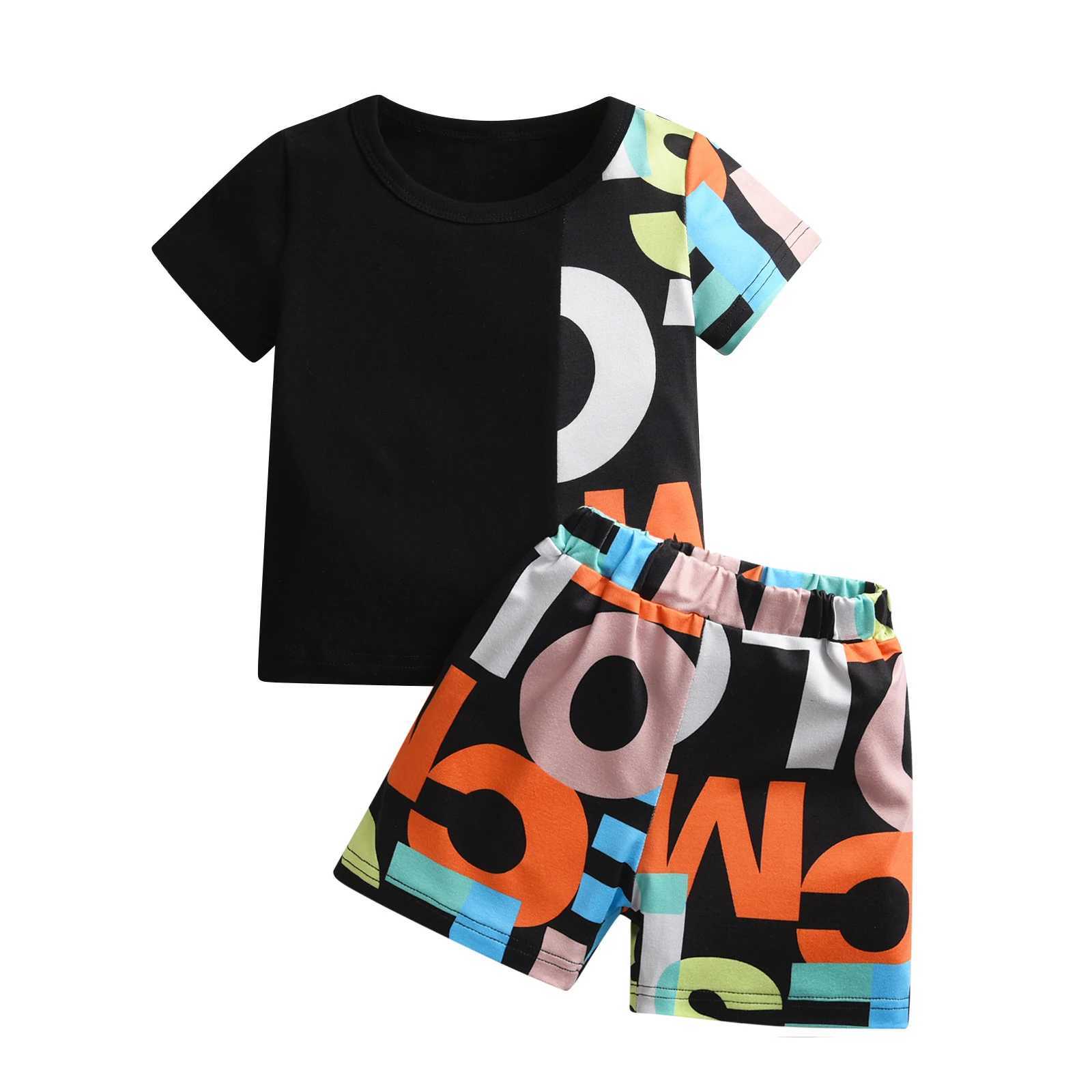 Clothing Sets New Fashion Preschool Baby and Boy Clothing Set with Alphabet Printing Cotton Short Sleeves O-neck T-shirt and 2-piece SetY241225FNSY