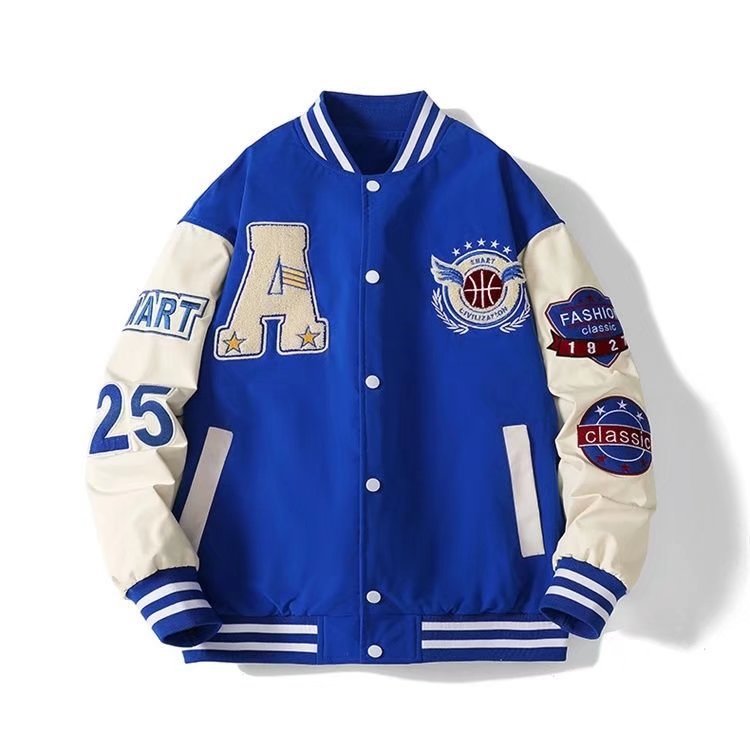 Men's Blue Polyester Varsity Jacket - Casual Long Sleeve Baseball Bomber Coat For Spring & Autumn