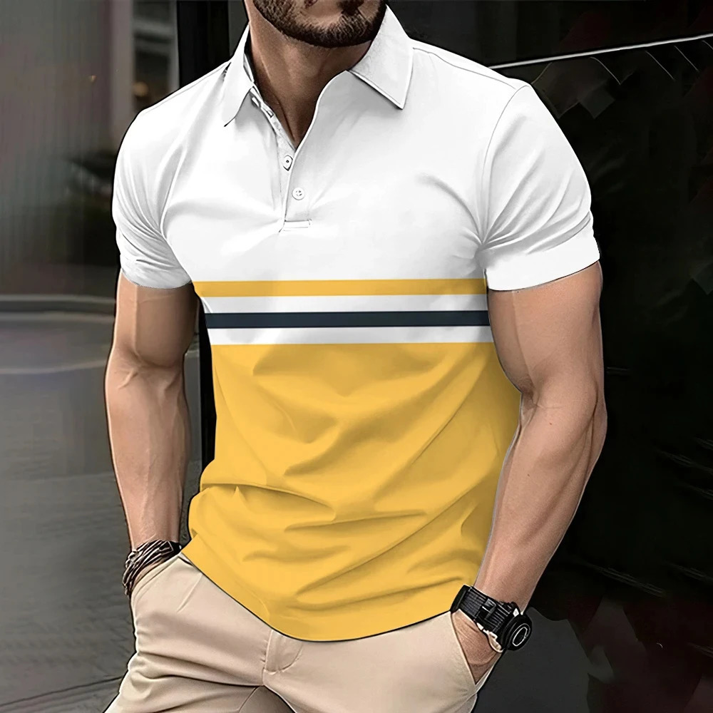 Summer mens polo shirt plain weave business casual simple collared button up shirt oversized short sleeved set fashionable top240807