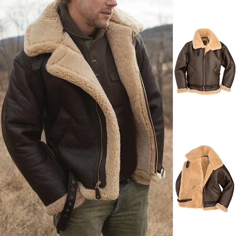 Mens Faux Leather Classic Brown Black Bomber Jacket Winter Shearling Sheepskin Coat Large Size Male Fleece Warm Outerwear 240808
