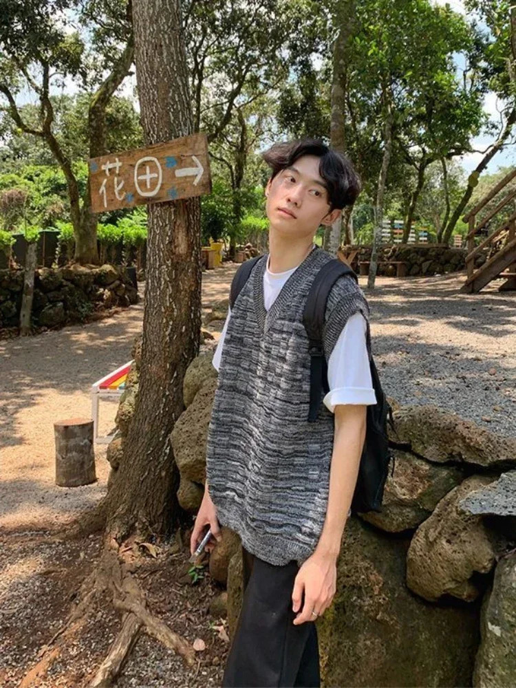 Mens Knitted Sweater Sleeveless Waist Wear Vneck Fashion Tank Top Y2k Retro Pink South Korea Autumn 2024 240807