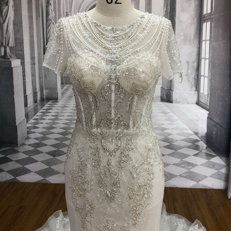 Crystal Sl-9051 Sexy Mermaid Dress Beads Lace Bridal Wedding Gowns Bride Dresses With Short Sleeve es
