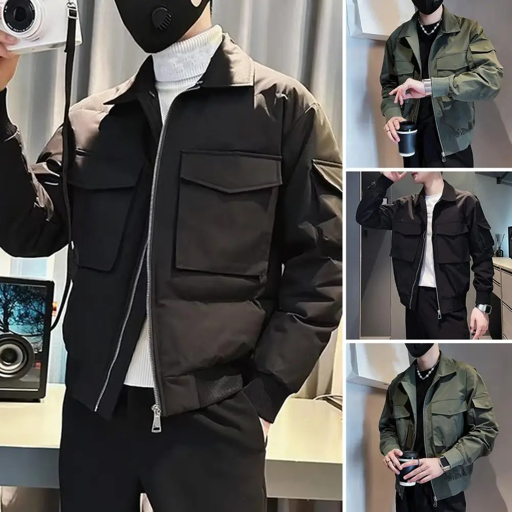 Zipper Jacket Mens Solid Color Closure with Collar Button Multiple Pockets Casual Hip Hop Streetwear Smooth 240819