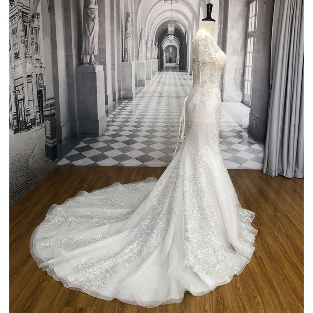 Crystal Sl-9051 Sexy Mermaid Dress Beads Lace Bridal Wedding Gowns Bride Dresses With Short Sleeve es