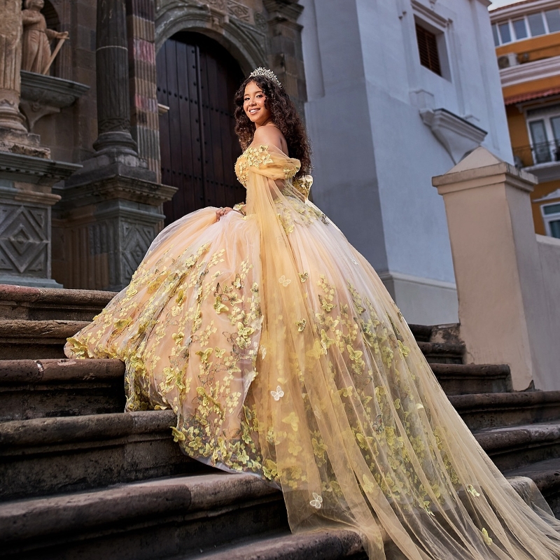 Champagne Mexican Quinceanera Dressess with Cape Butterfly Tull Sweet 16 vestido 15 quinceaneras Corset Prom Lace Up