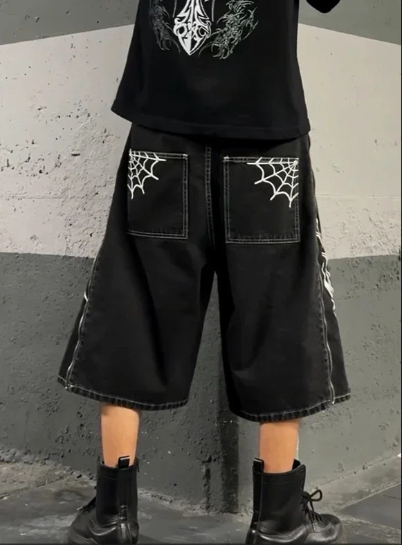 Y2k geometric letter printed bag denim shorts mens retro gothic zipper wide leg fashionable streetwear Jorts clothing 240808