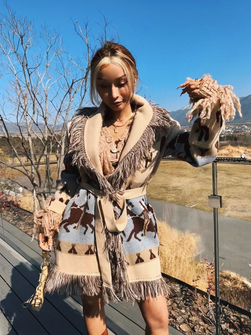 flordevida Oversized Jacquard Cardigan sweater fringe hem belt tied cardigan women autumn winter warm boho cardigan sweater 240808