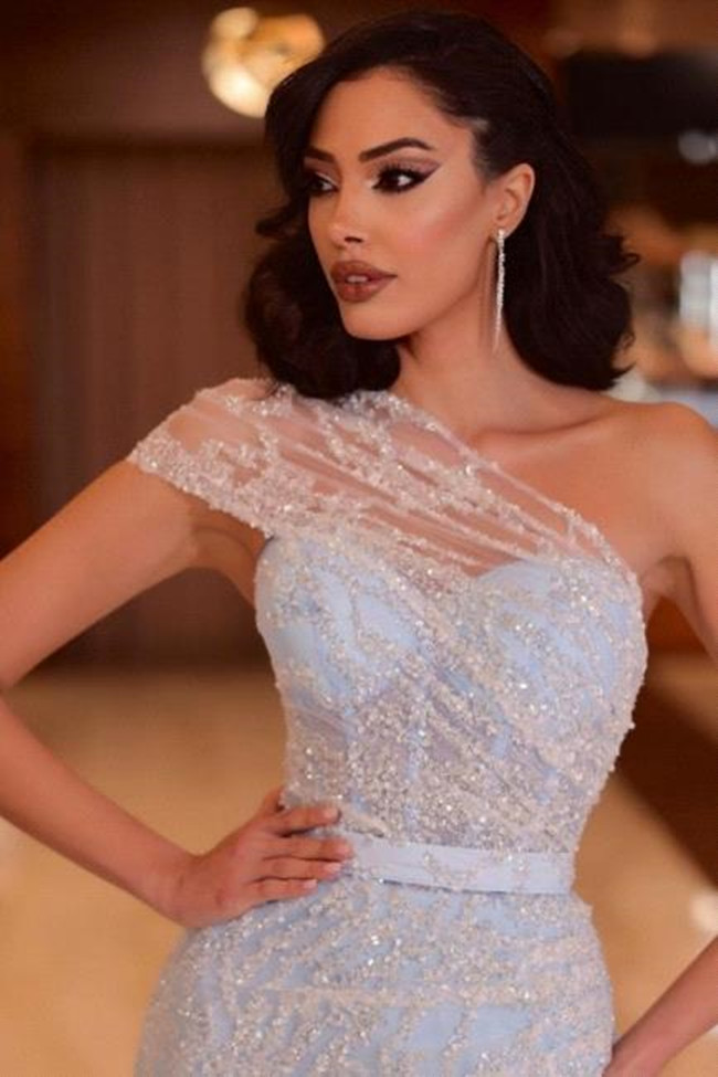 Mermaid Elegant Evening Dresses One Shoulder Side High Split Beaded Sweep Train Custom Made Women Formal Prom Party Gowns Bc