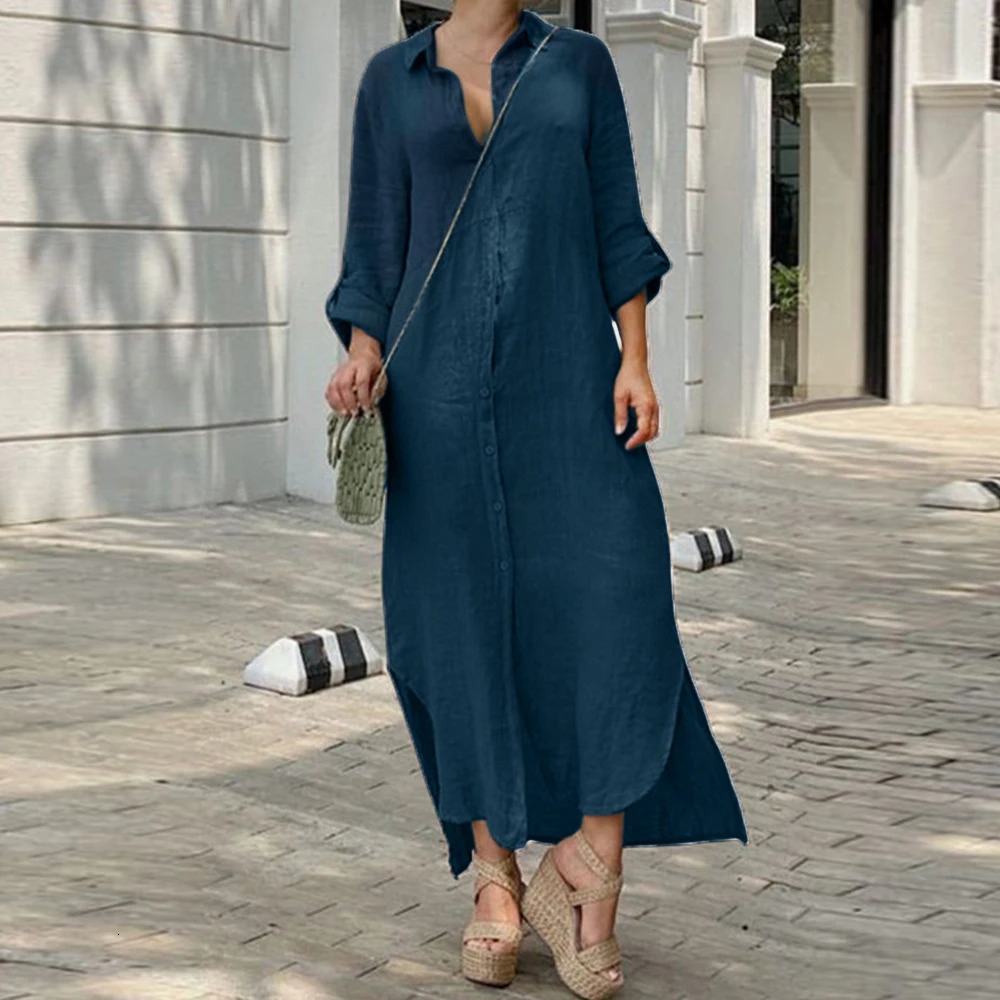 Plus Size Cotton Linen Long Dress for Women Clothing Autumn Oversize Vestido Shirt Dress Female Loose White Black Skirt 240808