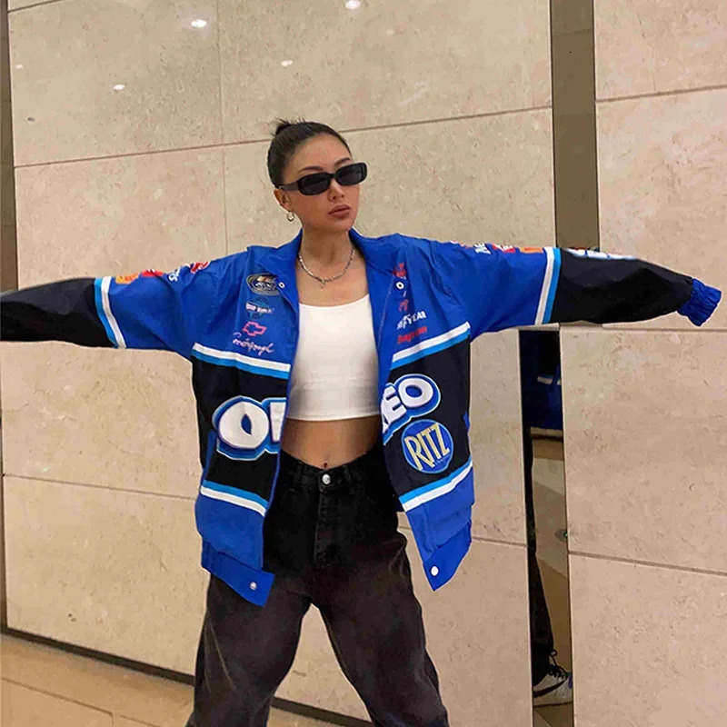 Autumn Varsity Jacket Long Sleeve Motorcycle Jacket Racing Baseball Jacket Women Y2k Printed Casual Loose Coat Single-breasted 240808