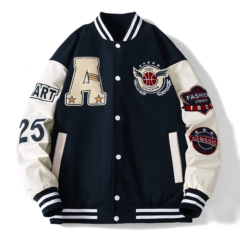 Male college student baseball bomber jacket hiphop Harajuku bone letter patch work leather street clothing female unisex 240827