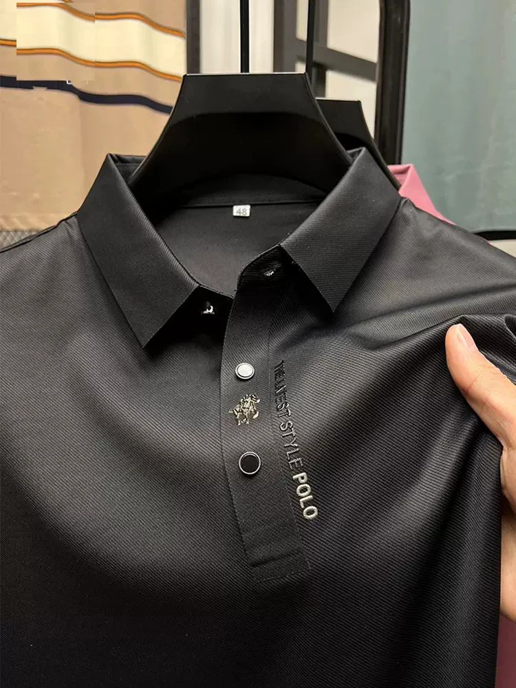 High end summer business solid color highquality mens short sleeved polo shirt with stylish casual collar and macro print M4XL 240829