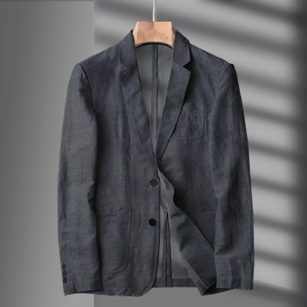 Navy Blue Linen Blazer Men Summer Casual Suit Single Jacket For Black Spring And Autumn Business 240807