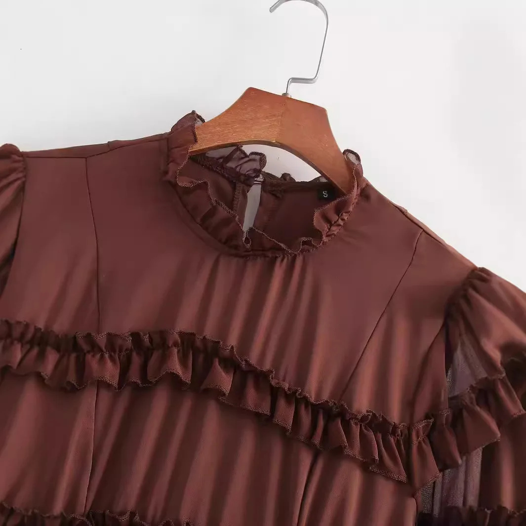 Womens Solid Colour Round Neck Multi Layered Dress Chiffon Ruffle Long High Waist Full Sleeve Street Dresses 240808