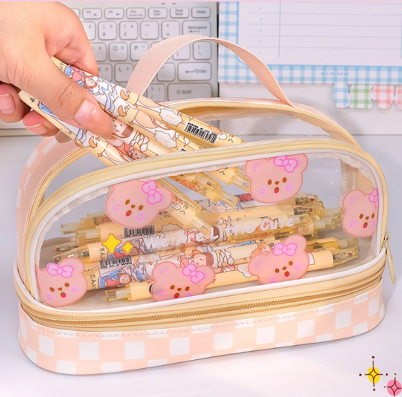 Double layer pencil case, transparent cartoon large capacity pencil case, hand-held student stationery storage bag internet famous cute makeup bag