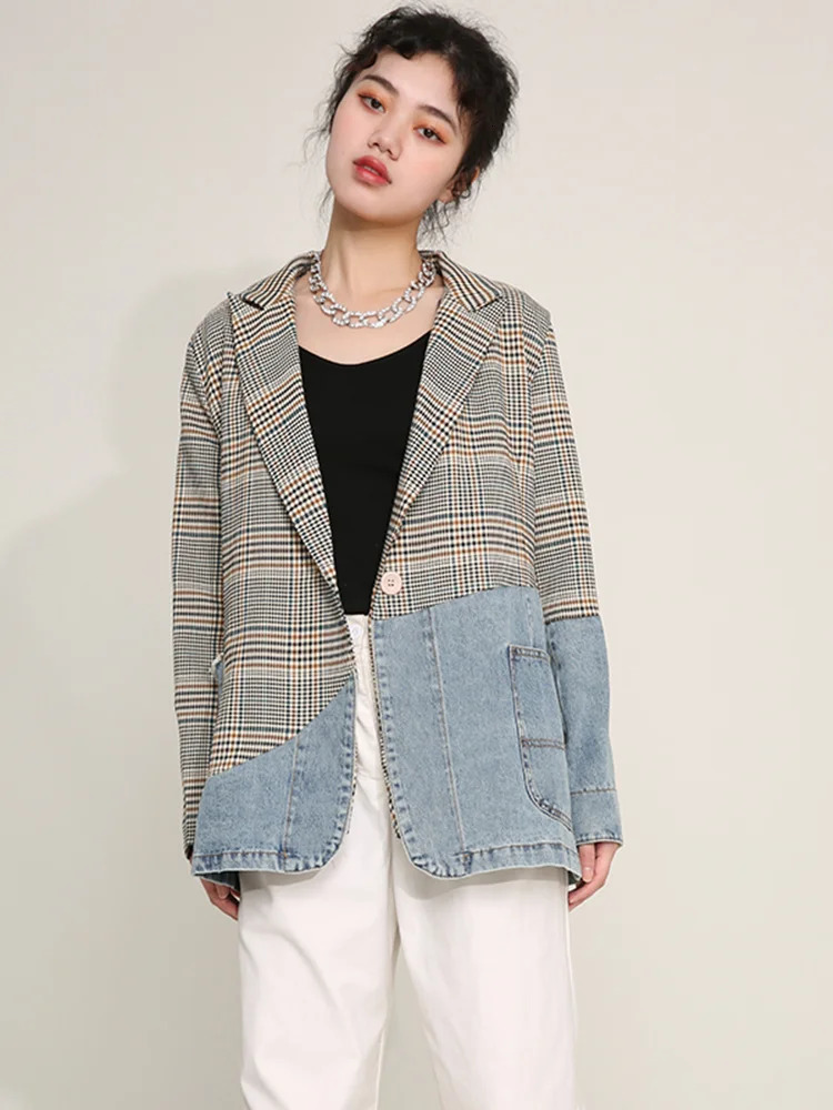 EAM Women Blue Plaid Denim Big Size Blazer Lapel Long Sleeve Loose Fit Jacket Fashion Spring Autumn 1DD641005 240808
