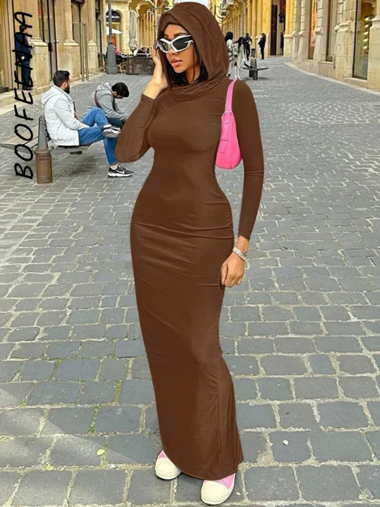 BOOFEENAA Hooded Long Sleeves Fitted Dress for Women Elegant Sexy Back Slit Bodycon Maxi Dresses Street Style C70-CD35 240808