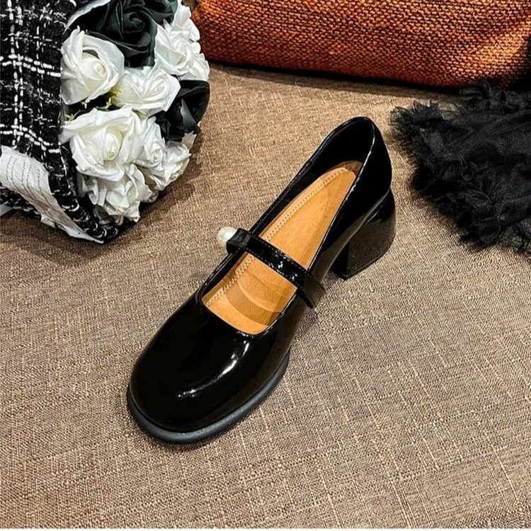 Spring Style Women Elegant Pearl Buckle Heel Pumps Square Toe Leather Fashion Mary Jane Shoes Mid-heel Shoe 240808