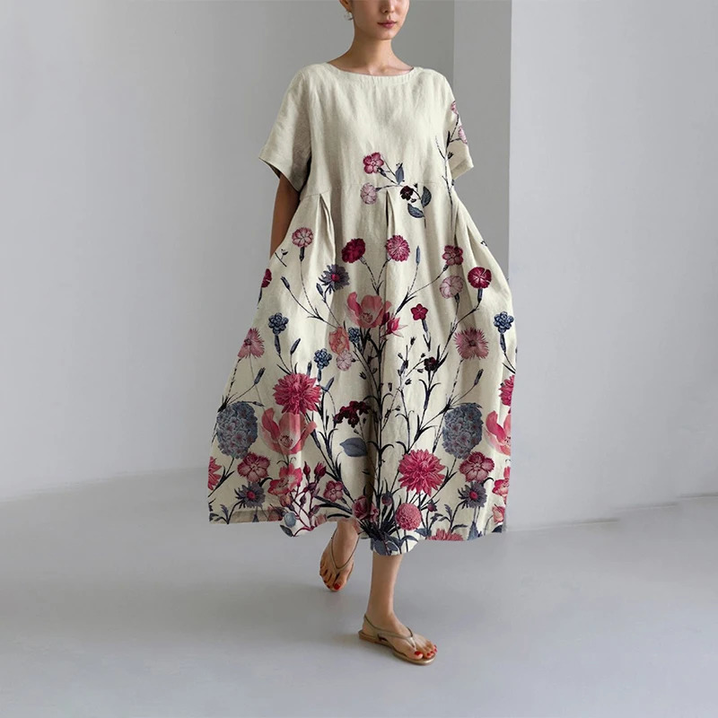 Summer Bohemian Casual Loose Elegant Lady Dresses Women Retro Printed Breathable Dresses Ladies Floral Pullover Dresses 240808