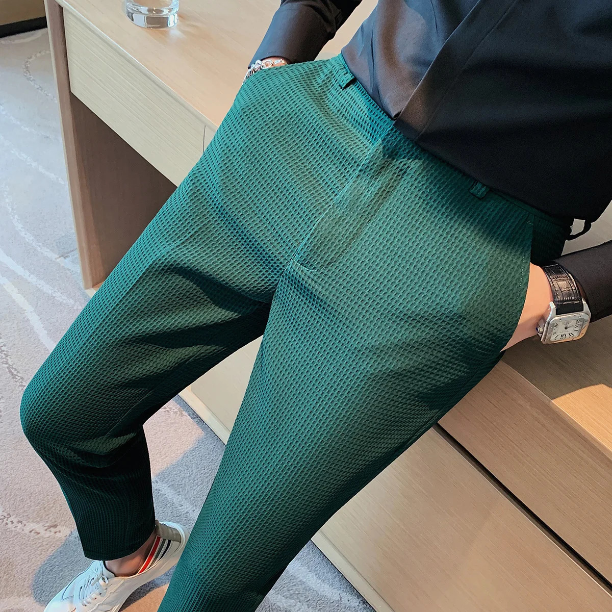 Fashion Business Casual Mens Pants Cropped Pants Waffle Pattern Trend Spring Summer Casual Trousers Dark Green White 28-38 240807