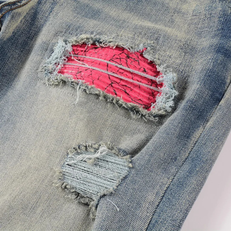 Mens cracked patch bicycle jeans streetwear pleated patches workwear stretch denim pants holes tears tight adhesive tape 240807