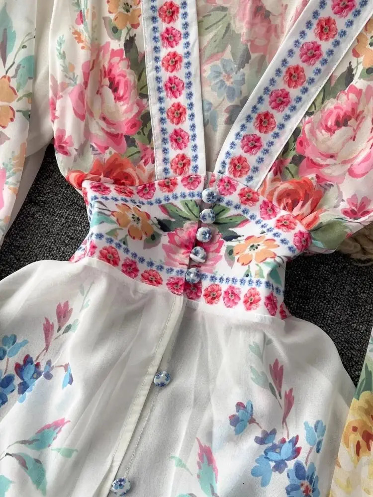 Fashion Summer Holiday Floral Chiffon Ruffles Dress Women Sexy See Through Deep V Neck Long Sleeve Floral Robe Boho Vestido 240808