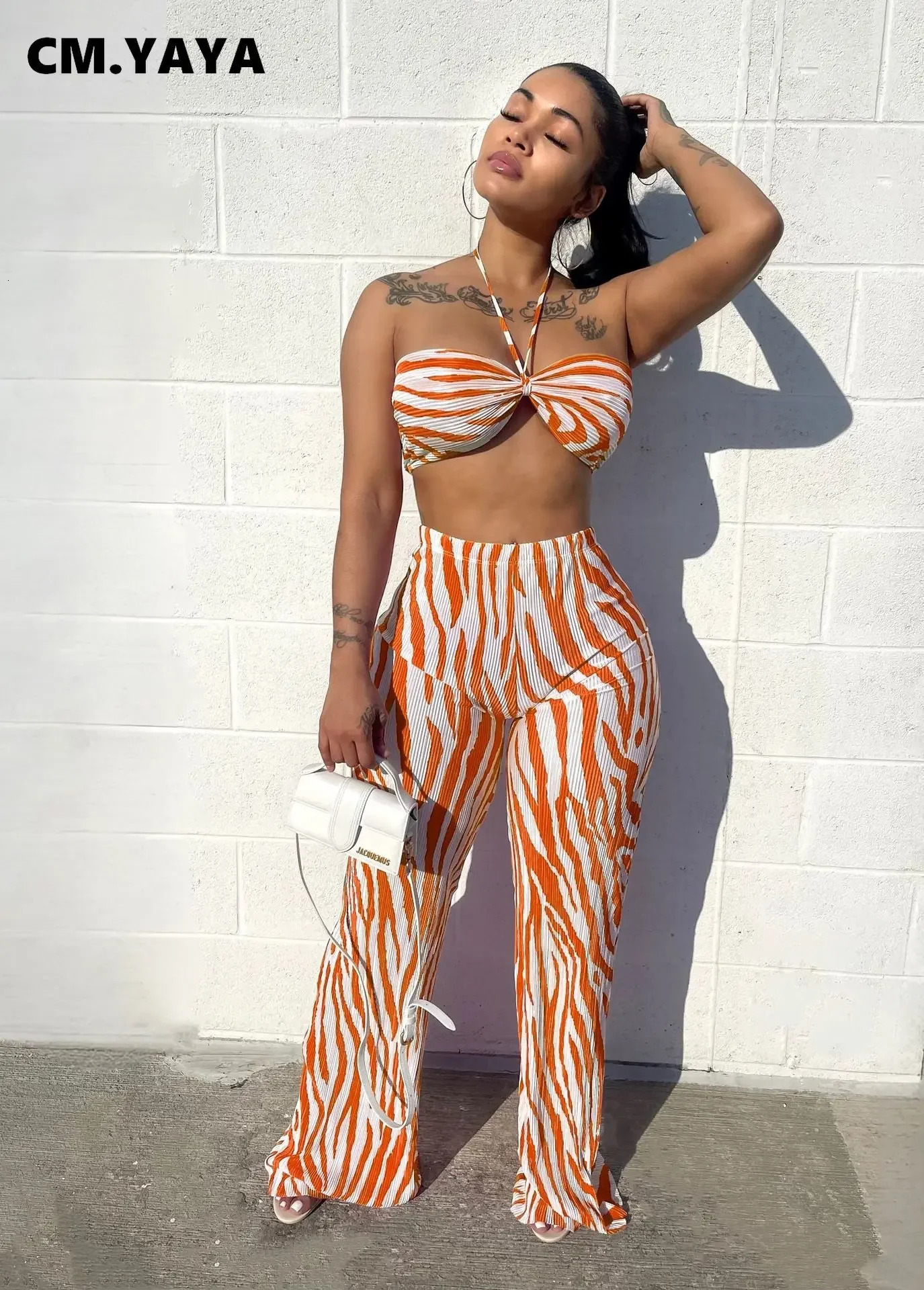 CM.YAYA Zebra Printed Pleated Womens Set Crop Top and Wide Leg Pants Suit Summer Fashion Two 2 Piece Set Outfits Tracksuit 240813