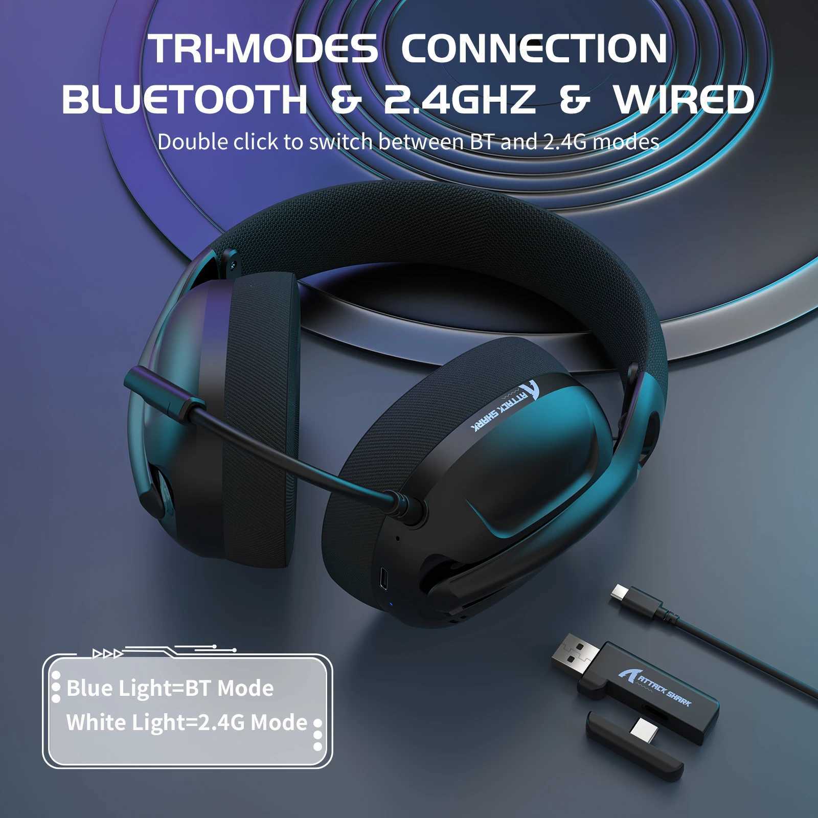 Attack Shark L80 Tri-mode Gaming Headset Lightweight 180g 5.1 Channel Hi-Fi Stereo Surround SoundPluggable MicrophoneCL240808