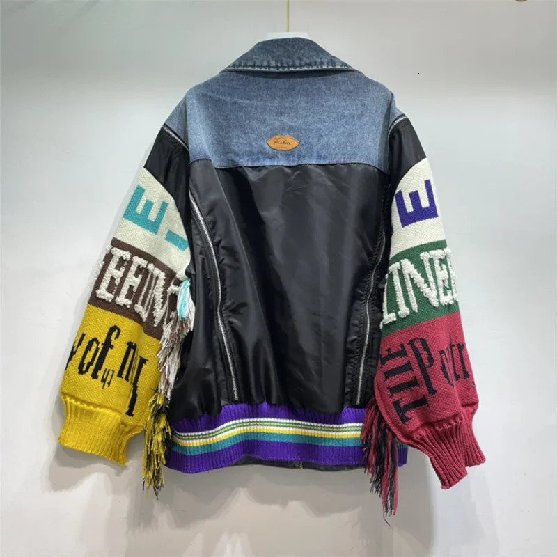 Women Letters Badges Embroidery Denim Coat Knit Spliced Sleeve Sweater Tassels Jeans Jacket Streetwear Cardigan Tops Chaquetas 240808