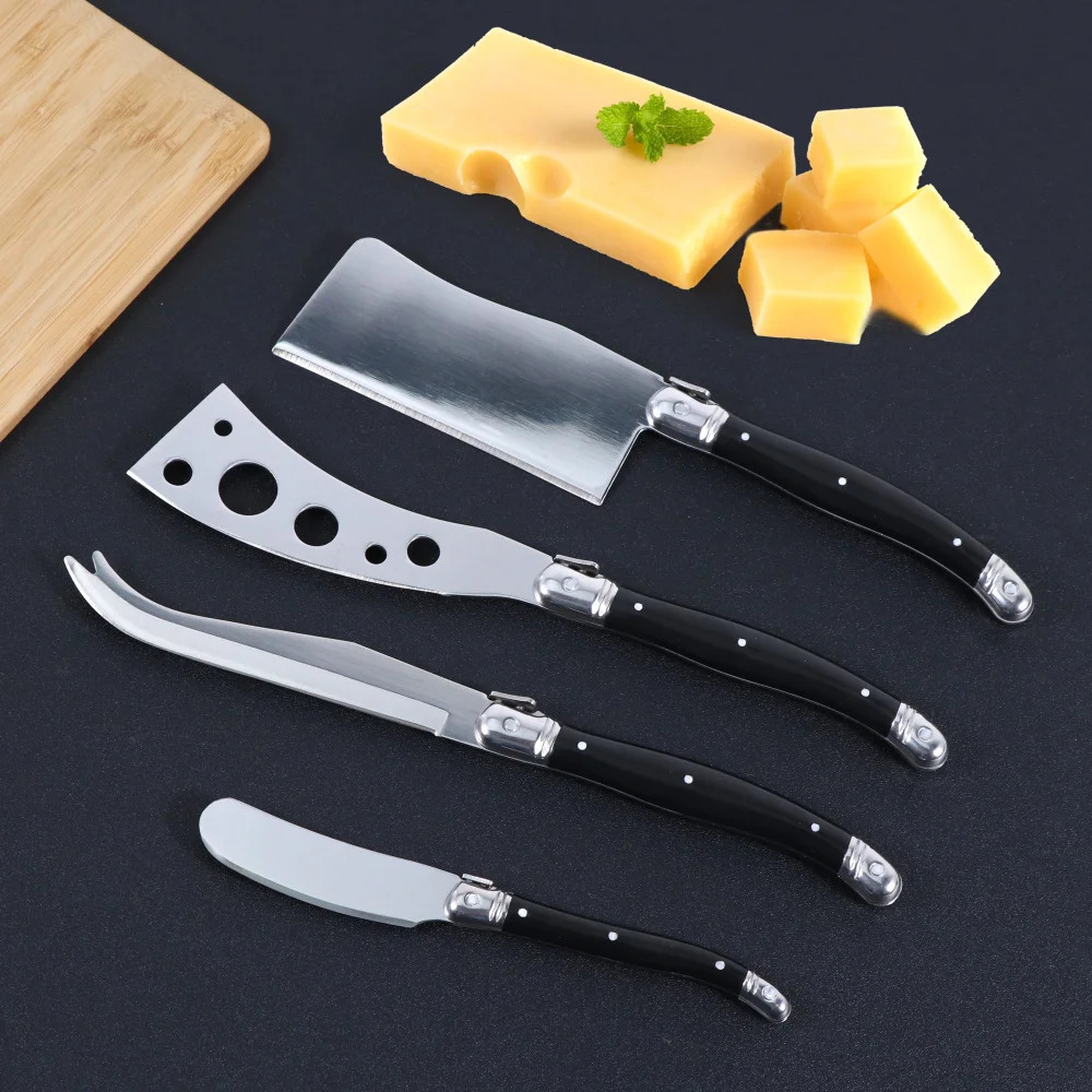 Jaswehome Laguiole Cheese Knife Set Butter Spreader Black ABS 2CR14SS Cutting Spear Pizza Fork Smart Tool 240807
