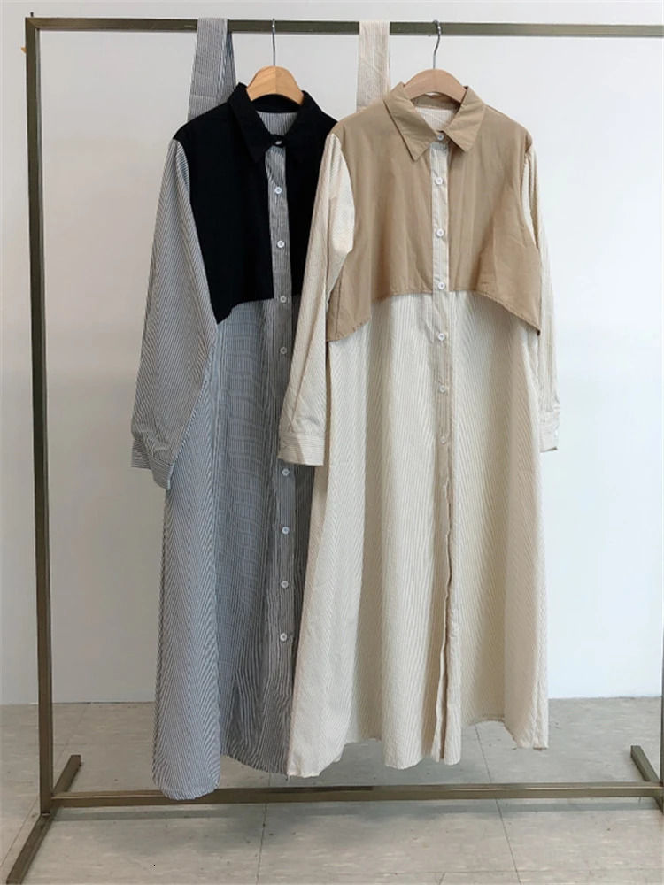 REALEFT Autumn French Striped Womens Shirts Dresses Lace Up Straight Korean Casual Loose A-Line Long Dress Female 240808