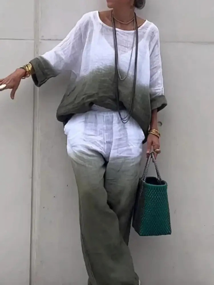 Womens Cotton Linen Gradient Two Piece Set Spring Summer O Neck Long Sleeve Print Shirt High Waist Loose Pants Suit Outfits 240813
