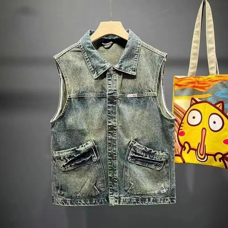 Mens summer high street retro motorcycle riding denim vest fashionable loose large pocket work jacket mens clothing 240807