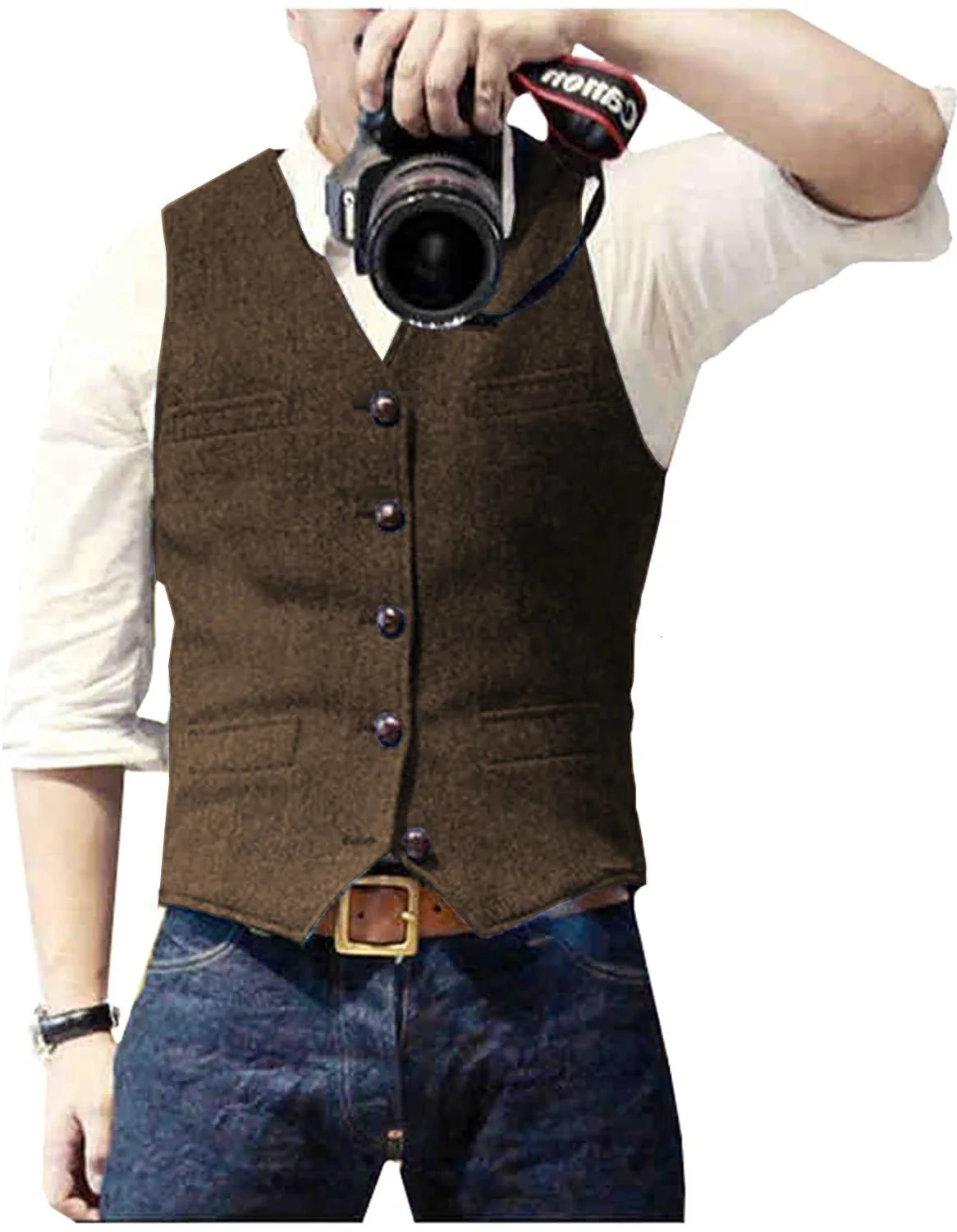 Cross shaped mens coffee vest single chest wool blended denim jeans waist jacket slim fit casual business 240807