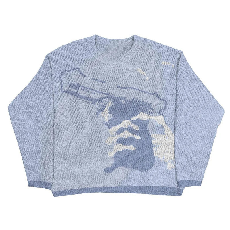 Vintage Pistol Sweater Knit Winter Loose Pullover Korean Y2k Hip-Hop Streetwear Ugly Christmas Sweater Oversized Knitwears 240808