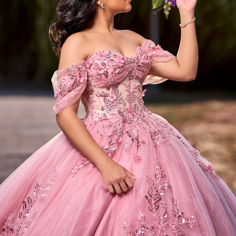 Pink Quinceanera Ball Gown Off The Shoulder Applique Lace Beads Crystal Tull 2024 Sweep 16 Dress Vestidos 15 De Xv Anos