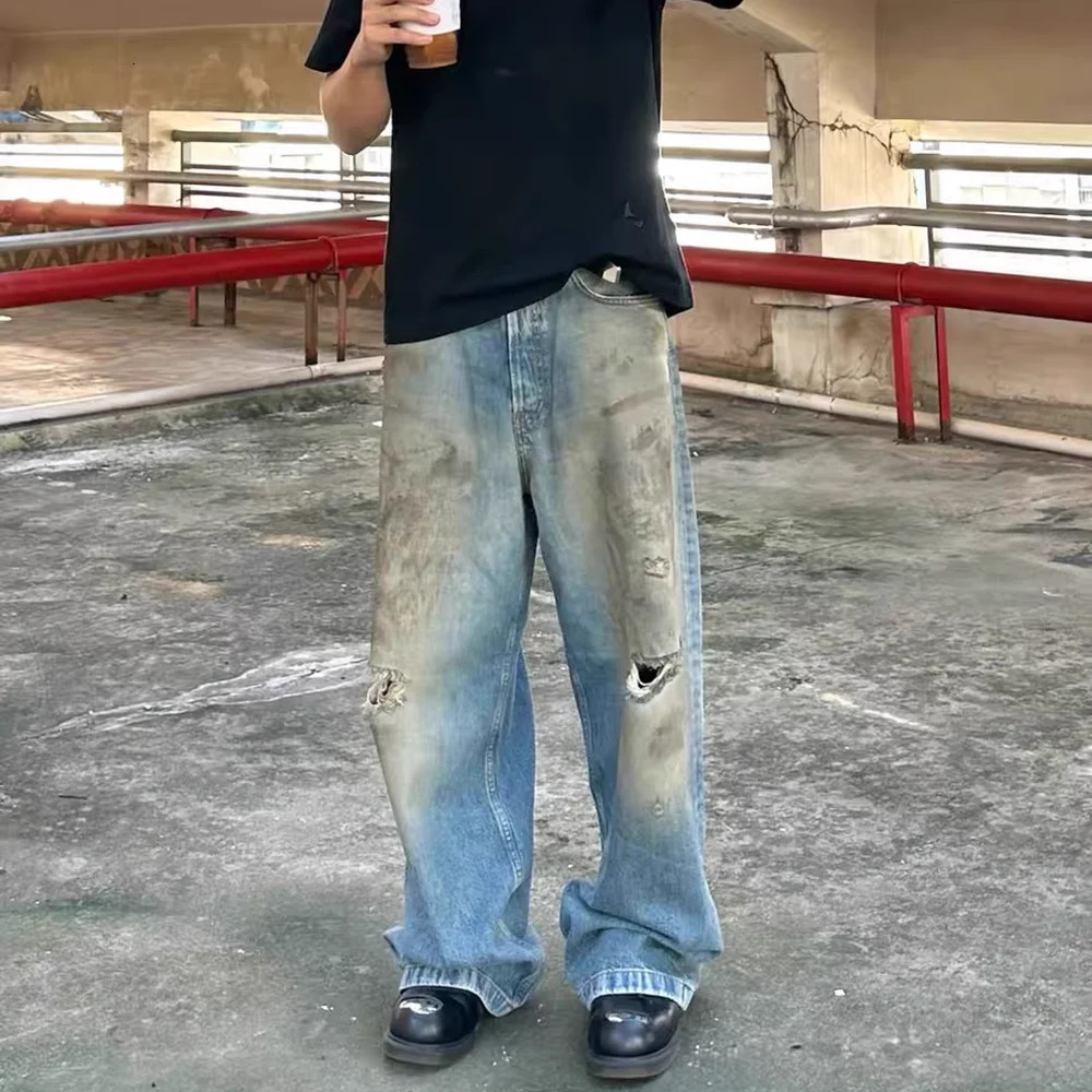 Y2k Yellow Mud Dyed Hole Baggy Jeans Pants Unisex Streetwear Pantalones Hombre Casual Frayed Ripped Denim Trousers Oversized y240819