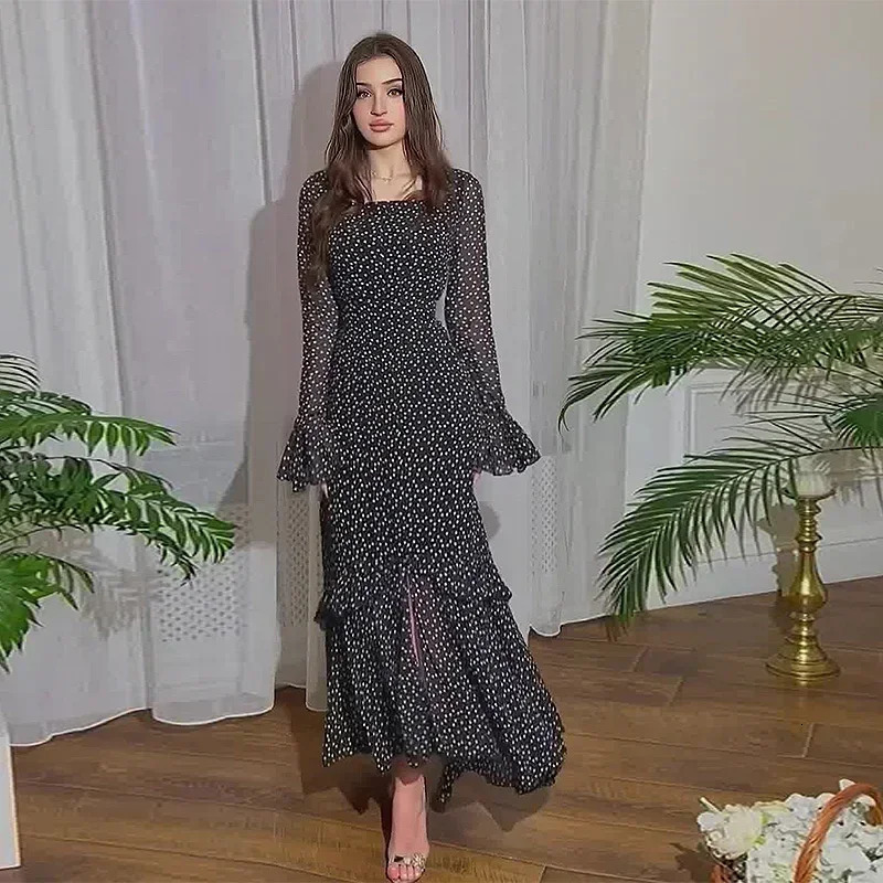 Eid Muslim Party Dress Women Polka Dot Ramadan Chiffon Long Dress Belt Morocco Kaftan Vestidos Largos Dubai Robe Jalabiya 240808