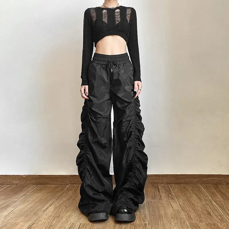 Black Baggy Pants Women Shirring Pockets High-waist Casual Trousers Streetwear Cargo Spring Comfortable Vintage Harajuku Fashion Z260312