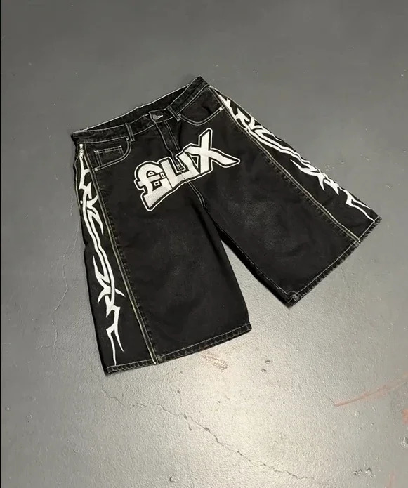Y2k geometric letter printed bag denim shorts mens retro gothic zipper wide leg fashionable streetwear Jorts clothing 240808