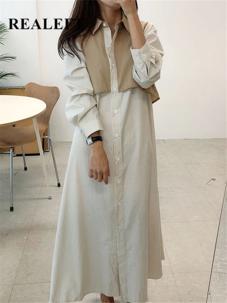 REALEFT Autumn French Striped Womens Shirts Dresses Lace Up Straight Korean Casual Loose A-Line Long Dress Female 240808