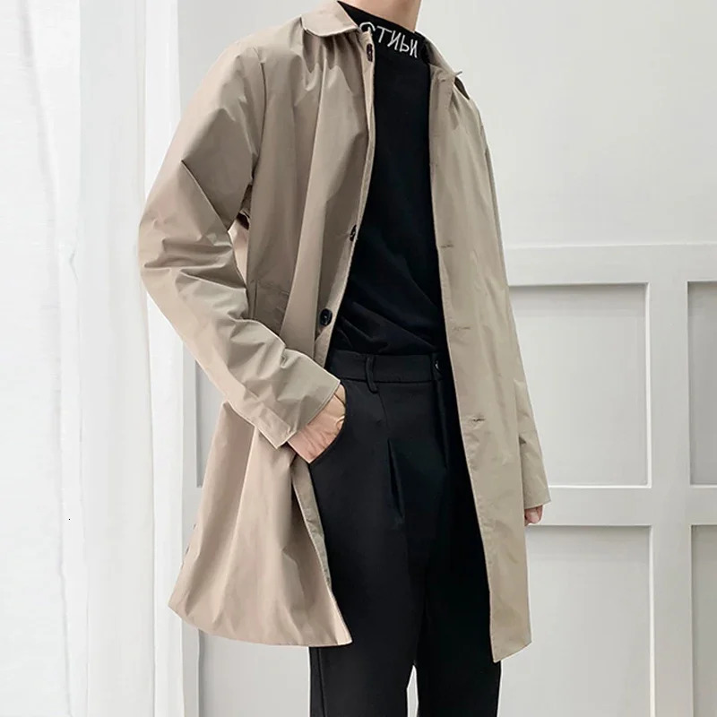 Mens Thin Windproof Trench Coat Fashion Korean Casual Laple Long Overcoat Male Outdoor Loose Solid Color Button Jackets Spring 240807