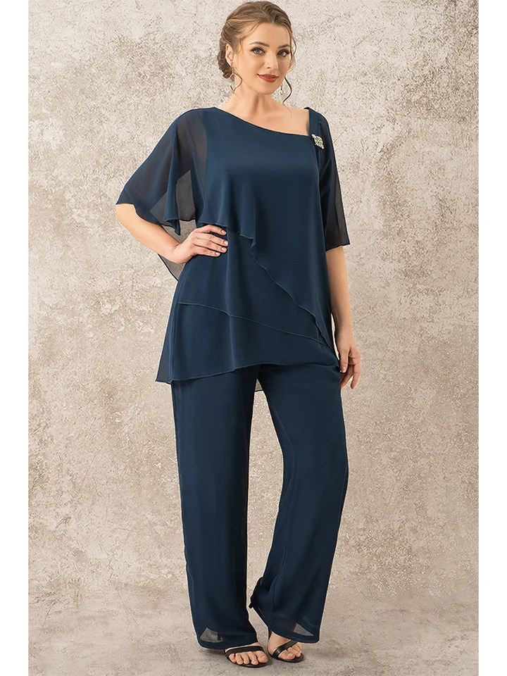 Women Pant Matching Set Plus Size Mother Of The Bride Decorative Button Single Cape Asymmetrical Hem Chiffon Two Piece Pant Suit 240813