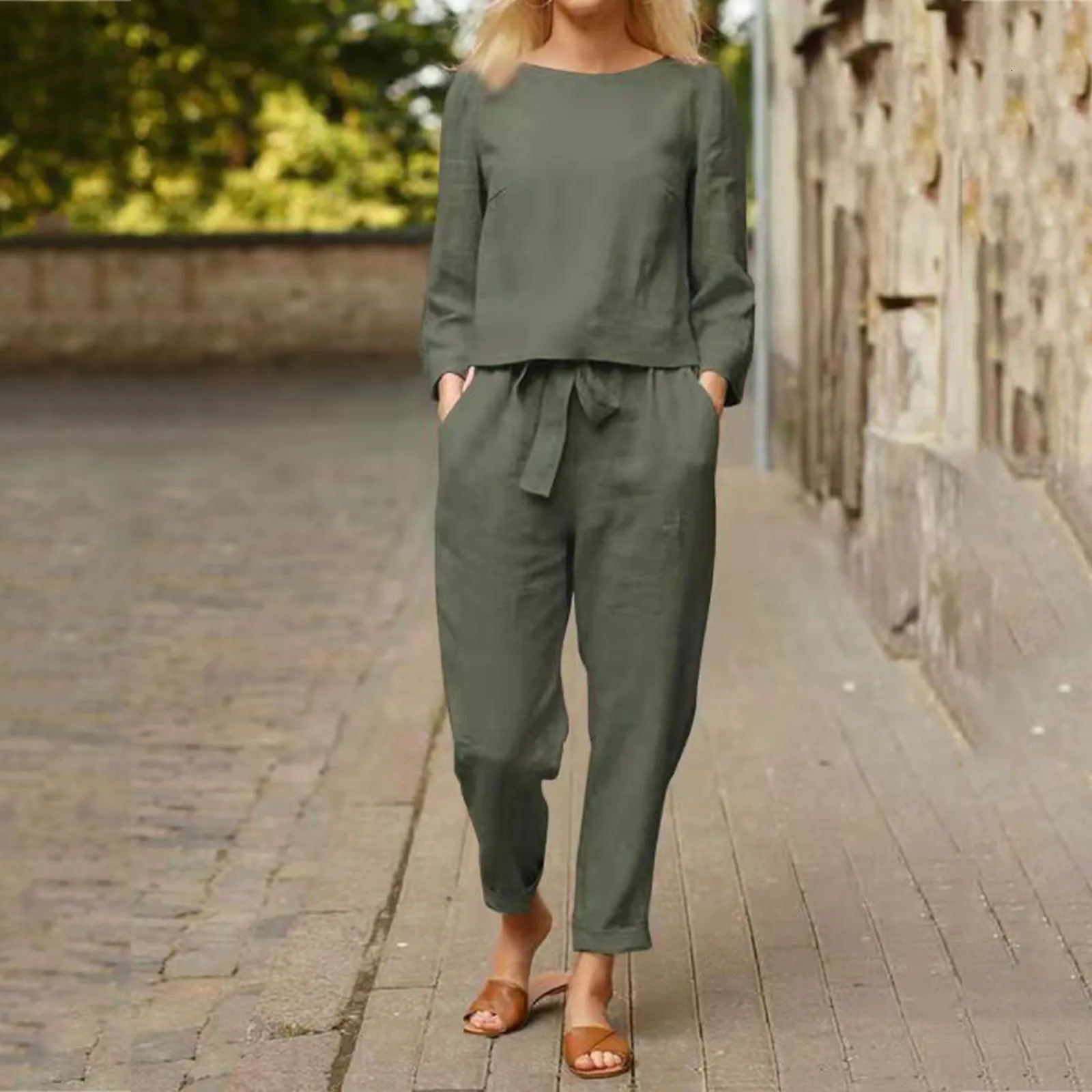 Womens Comfortable Loose Cotton Linen Suit Casual Vintage Solid Color Top And Drawstring Wide Leg Long Pants Two Piece Set 240813
