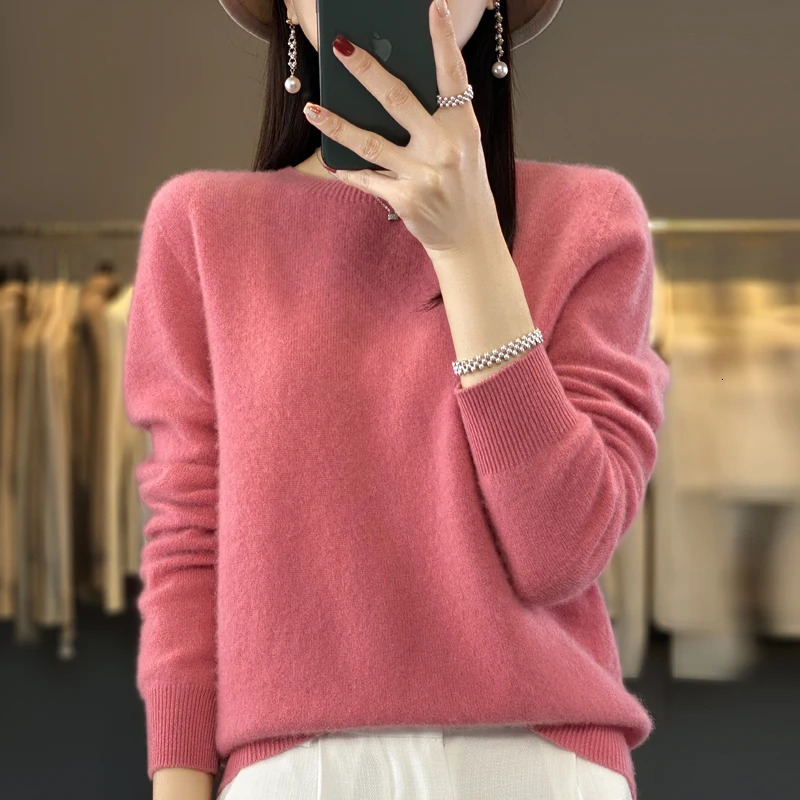 100% Merino Wool Sweater Women O-neck Cashmere Knitwear Female Pullover Autumn Winter Casual Tops Solid Color Soft Clothing 240808