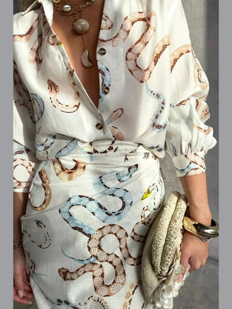Print Shirt Skirt for Women Long Sleeved Dress Slit Skirt Womens Single Breasted Beach Two Piece Skirt Sets Womens Outifits 240808