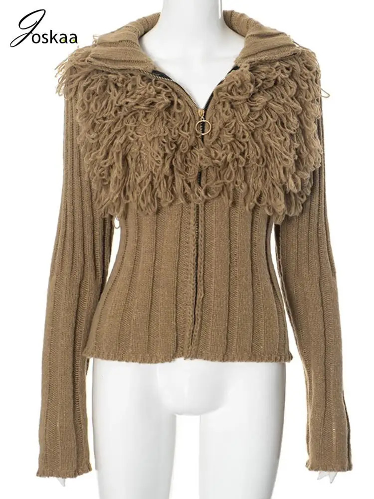 Joskaa Fashion Tassels Knitted Cardigan Women Hipster Lapel Long Sleeve Zip-Up Sweater Coats Autumn Chic Tops Y2K Streetwear 240808