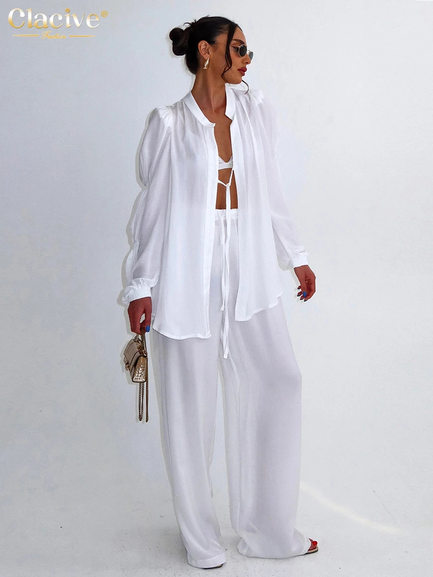 Clacive Sexy Loose White Womens 2 Piece Outfit Set 2024 Fashion Long Sleeve Lace-Up Shirt With High Waist Wide Pants Set Female 240813