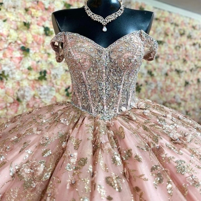 Pink Quinceanera Dresses Gold Applique Beading Sequin With Detachable Tail Graduation Party Princess Sweet 15 Dress