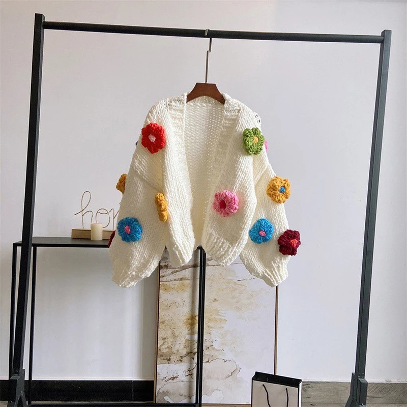 Harajuku Flower Knitted Cardigan Women Sweet Cute Cropped Sweater Coat Y2K Streetwear Floral Knitwear Winter Korean Jumpers Tops 240808
